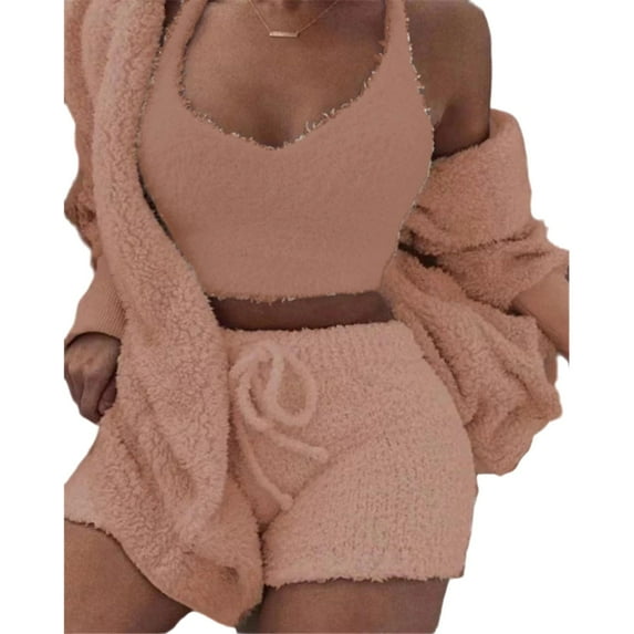 Mifsaly Plus Size Pajama Set Women Fuzzy Fleece 3 Piece Pjs Sleeveless Crop Tops Open Front Long Cardigan Sleepwear Hooded Teddy Coats Soft Cozy Shorts Pants 2025 Trendy Homewear Matching Outfits
