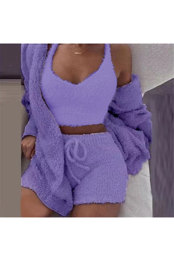Plus Size Pajama Set Women Fuzzy Fleece 3 Piece Pjs Sleeveless Crop Tops Open Front Long Cardigan Sleepwear Hooded Teddy Coats Soft Cozy Shorts Pants 2025 Trendy Homewear Matching Outfits