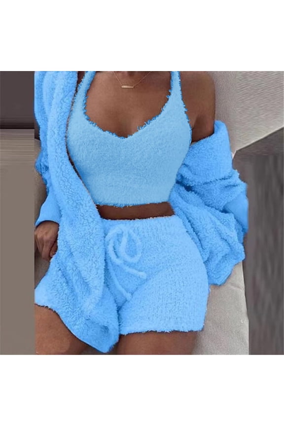 Plus Size Pajama Set Women Fuzzy Fleece 3 Piece Pjs Sleeveless Crop Tops Open Front Long Cardigan Sleepwear Hooded Teddy Coats Soft Cozy Shorts Pants 2025 Trendy Homewear Matching Outfits