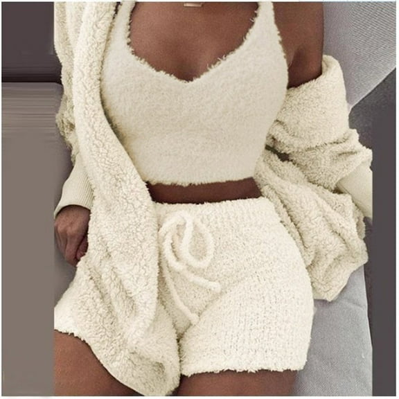 Mifsaly Plus Size Pajama Set Women Fuzzy Fleece 3 Piece Pjs Sleeveless Crop Tops Open Front Long Cardigan Sleepwear Hooded Teddy Coats Soft Cozy Shorts Pants 2025 Trendy Homewear Matching Outfits