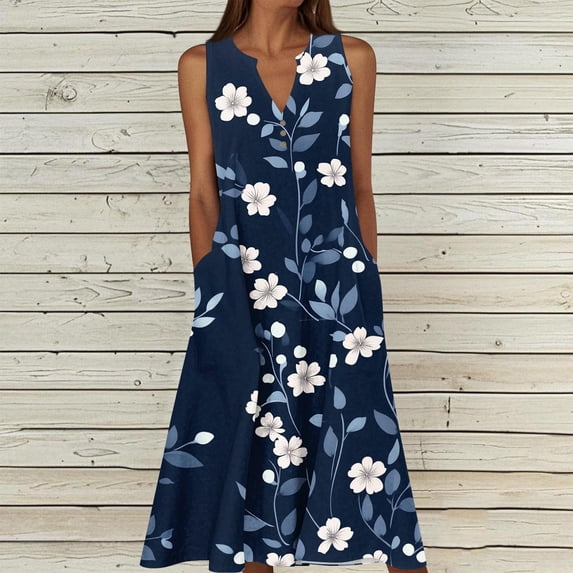 Mifsaly Plus Size Sleeveless Dress for Women Abstract Print Womens Sundresses Summer Vacation Beach Button Front Flowy Long Dresses with Pockets L