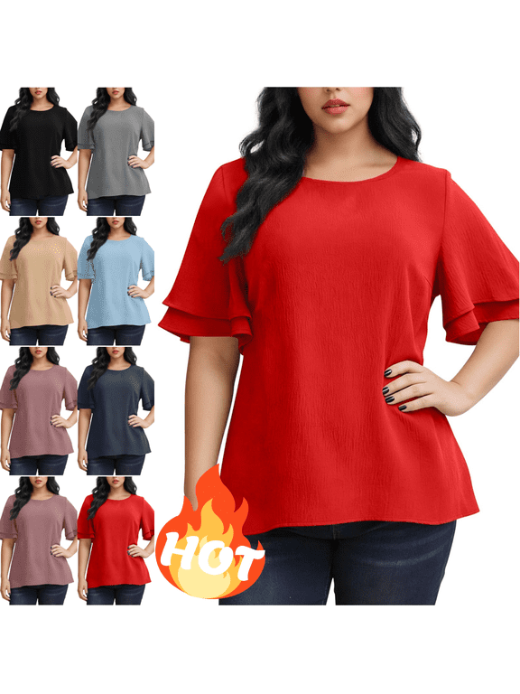 Plus Size T-Shirts Women Crewneck Flutter Sleeve Tops Summer Dressy Casual Blouses Double Layer Ruffle Sleeve Daily Wear Elegant Shirt XXXL