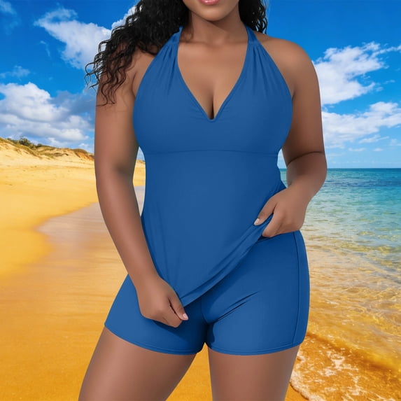 Mifsaly Plus Size Two Piece Swimsuit for Women Backless Halter Neck Tankini Top & Swim Shorts Soft Stretchy Tankinis Swimwear Beach Pool Swimming Outfits XXL
