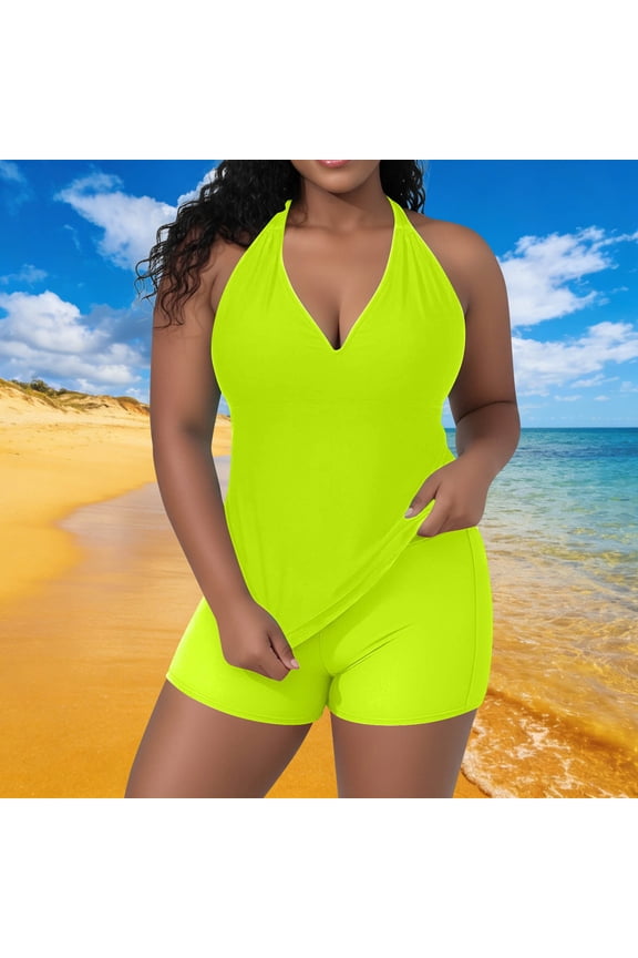 Plus Size Two Piece Swimsuit for Women Backless Halter Neck Tankini Top & Swim Shorts Soft Stretchy Tankinis Swimwear Beach Pool Swimming Outfits XXXXXL