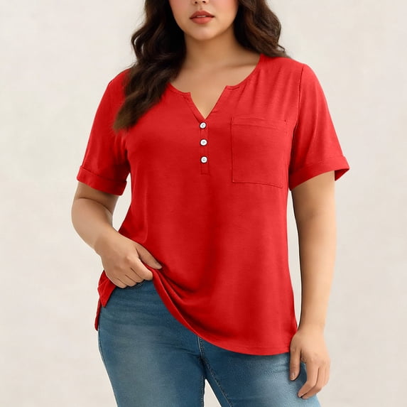Mifsaly Plus Size V Neck Short Sleeve Tops Women Summer Casual Henleys Shirts with Pocket Slim Fit Breathable Basic T Shirts Comfy Daily Wear Tees XL
