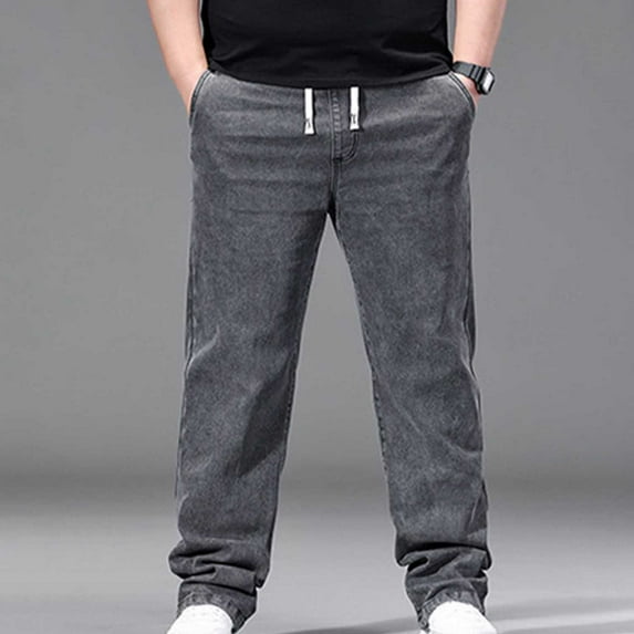 Mifsaly Plus Size Wide Leg Jeans For Men Elastic Waist Drawstring Denim Pants Loose Fit Lightweight Everyday Work Lounge Trousers With Pockets XXXXL