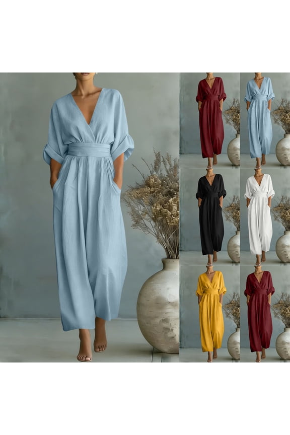 Plus Size Wide Leg Jumpsuits for Women V Neck 3/4 Sleeve Long Rompers Baggy Elegant Business Casual Jumpsuit with Pockets XXXL