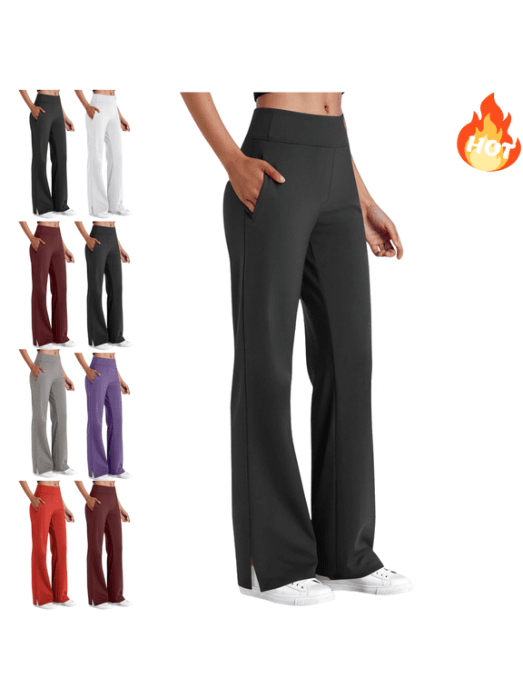 Plus Size Wide Leg Yoga Pants for Women with Pockets High Waist Stretchy Pant Side Slit Tummy Control Workout Athletic Work Office Trousers XL