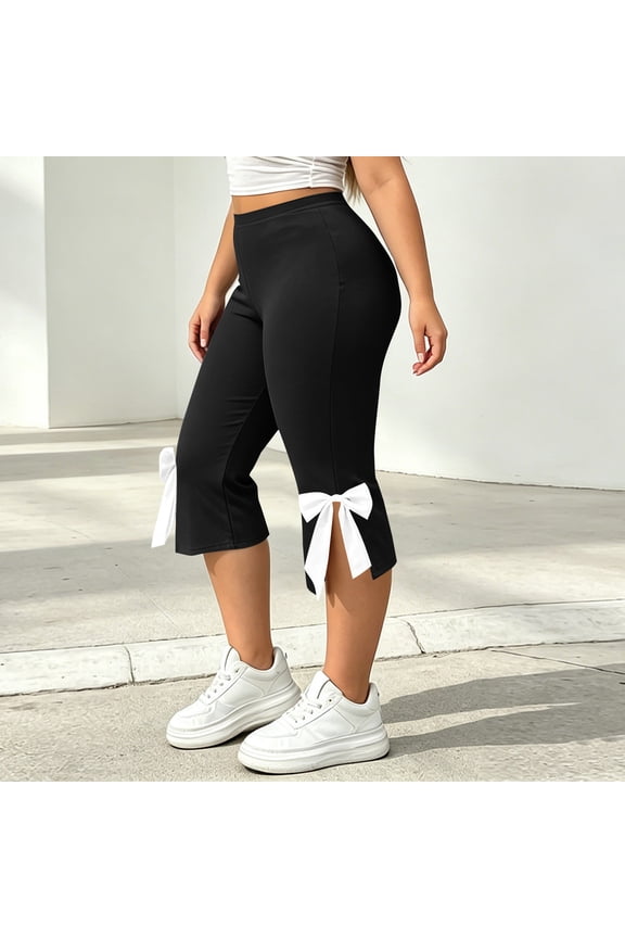 Plus Size Women Capri Leggings with Bow Split Hem High Waisted Stretchy Yoga Capris Comfortable Casual Workout Cropped Leggings Black,XXXXL