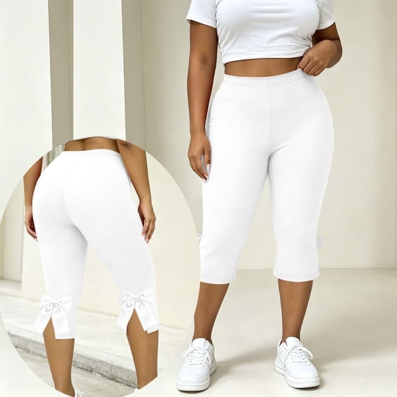 Mifsaly Plus Size Women Capri Leggings with Bow Split Hem High Waisted Stretchy Yoga Capris Comfortable Casual Workout Cropped Leggings White,L