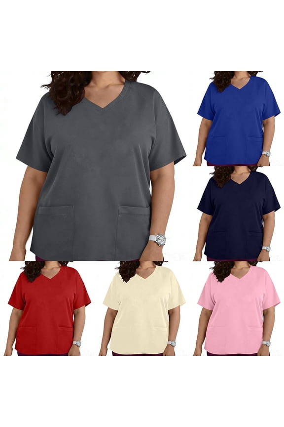 Plus Size Womens Scrub Tops V Neck Short Sleeve Work Blouses Lightweight Breathable Stretch Scrub Top Doctors Nurses Medical Uniforms Dark Gray,XXL
