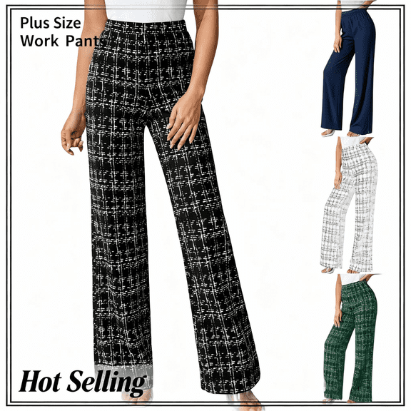 Mifsaly Plus Size Work Pants for Women Vintage Plaid Print High Waisted Wide Leg Pant with Pockets Travel Casual Fashion Straight Leg Trousers