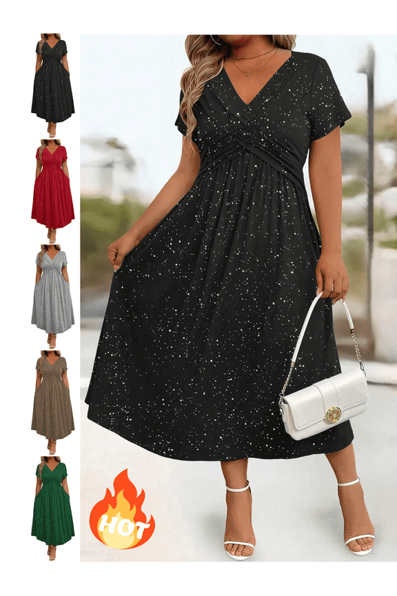 Plus Size Wrap Dress for Women V-Neck Short Sleeve Midi Dresses with Pockets Flowy A-Line High Waist Cocktail Party Evening Gowns L