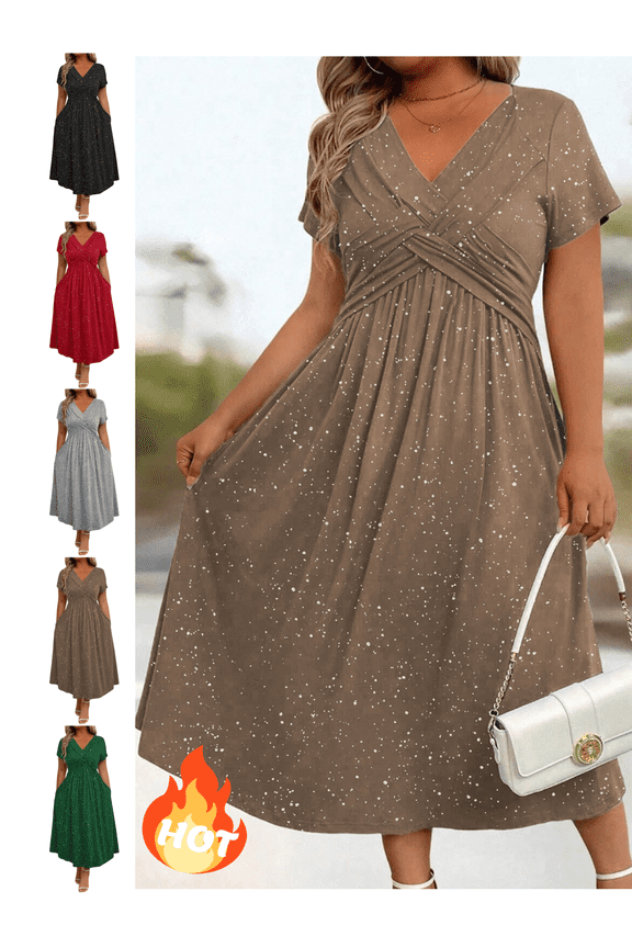 Plus Size Wrap Dress for Women V-Neck Short Sleeve Midi Dresses with Pockets Flowy A-Line High Waist Cocktail Party Evening Gowns XXXL