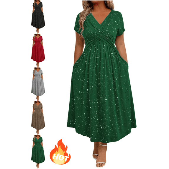 Mifsaly Plus Size Wrap Dress for Women V-Neck Short Sleeve Midi Dresses with Pockets Flowy A-Line High Waist Cocktail Party Evening Gowns XXXXL