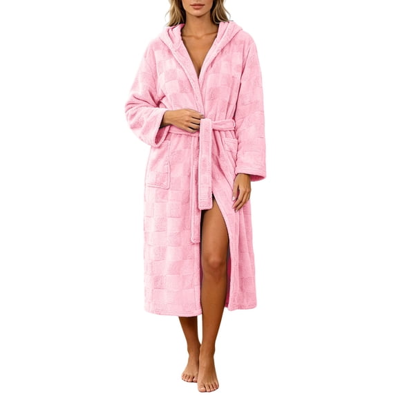 Mifsaly Plush Bathrobes for Women Hooded Absorbent Waffle Knit Spa Robe with Belt and Pockets Pink,Free Size