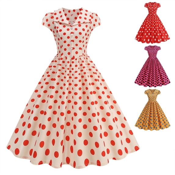 Mifsaly Polka Dot A Line Dress for Women V-Neck Cap Sleeve Button Down Midi Elegant Dresses Wedding Guest Evening Party 1950S Vintage Outfits XL