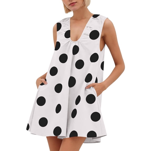 Mifsaly Polka-Dot Sleeveless Dresses Women Deep V-Neck Bubble Dress Lightweight Flowy Summer Cute Sundresse with Pockets L