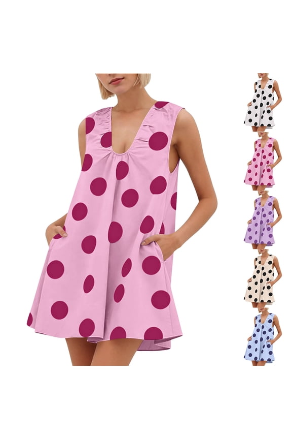 Polka-Dot Sleeveless Dresses Women Deep V-Neck Bubble Dress Lightweight Flowy Summer Cute Sundresse with Pockets M