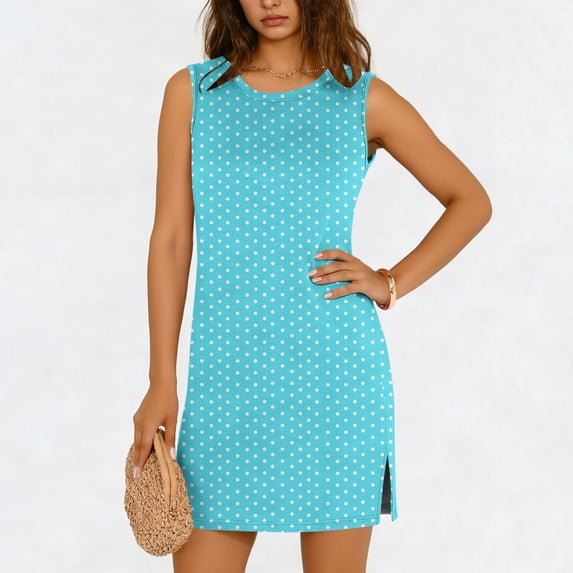 Mifsaly Polka-Dot Sleeveless Dresses Women Side Slit Cut Mini Cotton Dress Breathable Casual Summer Vacation Sundresses L