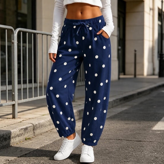 Mifsaly Polka Dot Sweatpants Wide Leg Drawstring Waist Jogger Sweatpant Trendy Daily Going Out Travel Vacation Barrel Pants Trousers with Pockets