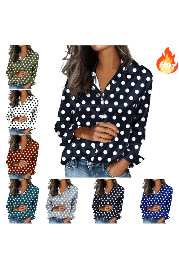 Polka-Dot Top Women Long Sleeve Button Down Shirt Business Casual Satin Blouses Fashion Everyday Office Basic Tee S