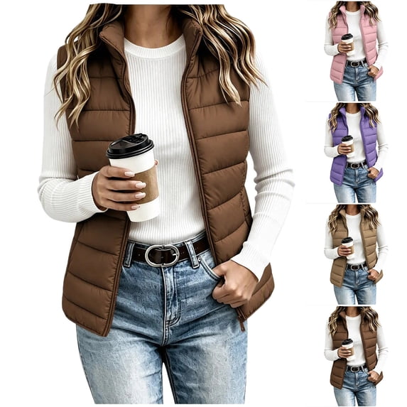 Mifsaly Puffer Vest Women Warm Sleeveless Quilted Jacket Stand Collar Zip Up Lightweight Fall Winter Travel Daily Layering Casual Outerwear with Pockets Brown,XXL