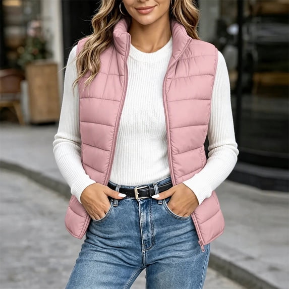 Mifsaly Puffer Vest Women Warm Sleeveless Quilted Jacket Stand Collar Zip Up Lightweight Fall Winter Travel Daily Layering Casual Outerwear with Pockets Pink,S