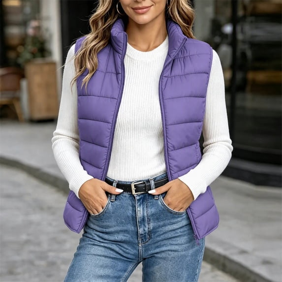 Mifsaly Puffer Vest Women Warm Sleeveless Quilted Jacket Stand Collar Zip Up Lightweight Fall Winter Travel Daily Layering Casual Outerwear with Pockets Purple,S
