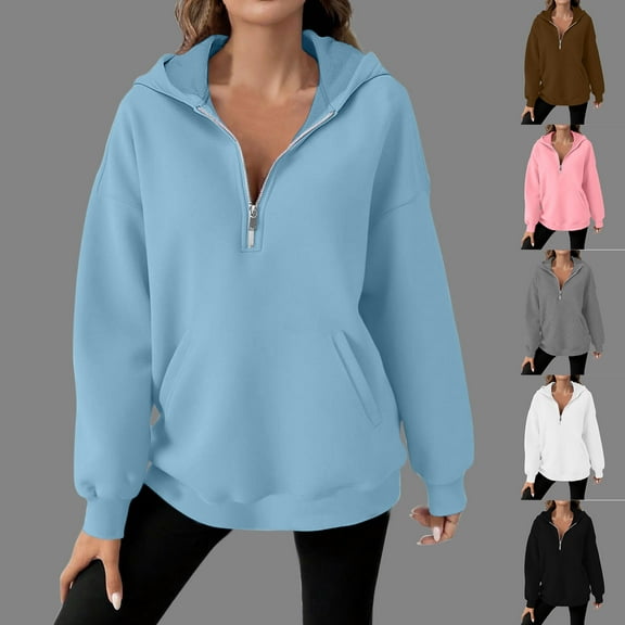 Mifsaly Quarter Zip Sweatshirt Women with Hood Oversized Long Sleeve Hoodie Drop Shoulder Pullover Tops with Pocket Workout Fashion Outerwear 2025 Fall Winter Clothing