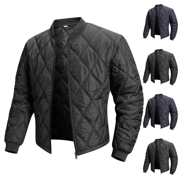 Mifsaly Quilted Bomber Jacket Men Full Zip Lightweight Puffer Coat Diamond Stitch Long Sleeve Casual Warm Outerwear for Fall Winter Travel Work Everyday Black,XS