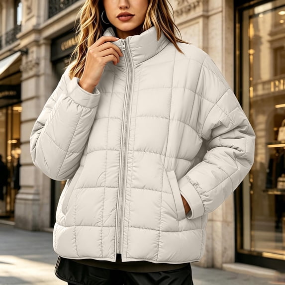 Mifsaly Quilted Puffer Jacket for Women Stand Collar Zip Up Long Sleeve Oversized Lightweight Winter Coat Fall Cold Weather Casual Warm Outerwear with Pockets Beige,L