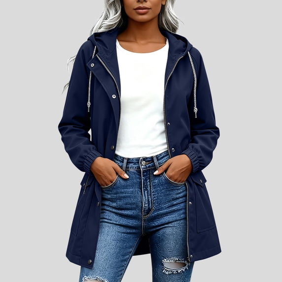 Mifsaly Rain Jacket for Women Mid Length Water Resistant Zip Up Hooded Windbreaker Jackets Drawstring Elastic Outdoor Fall Winter Outerwear with Pockets Navy,XL