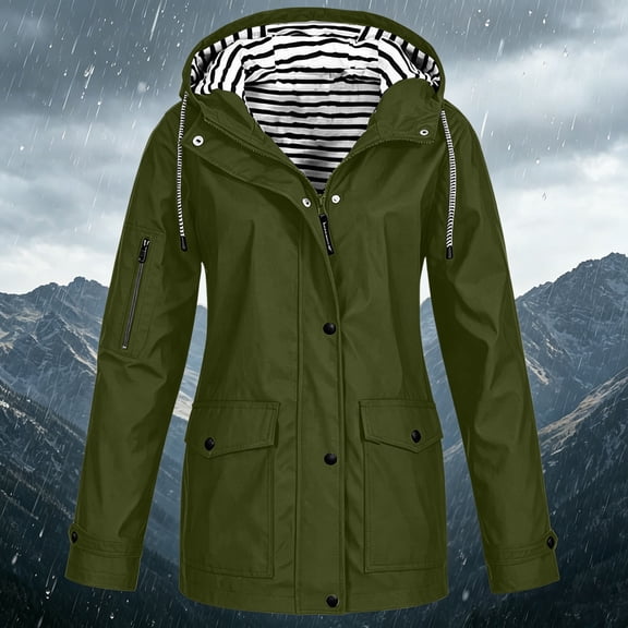 Mifsaly Rain Jacket Women Waterproof Lightweight Hooded Windbreaker Active Outdoor Camping Hiking Raincoat with Pockets Army Green,XL