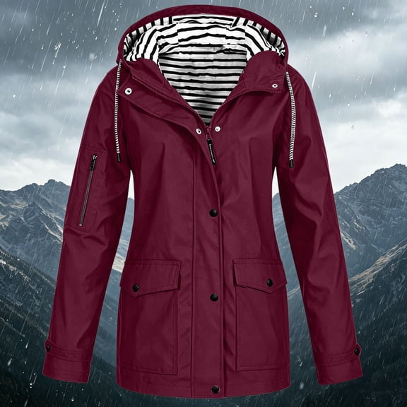 Mifsaly Rain Jacket Women Waterproof Lightweight Hooded Windbreaker Active Outdoor Camping Hiking Raincoat with Pockets Wine,XXL