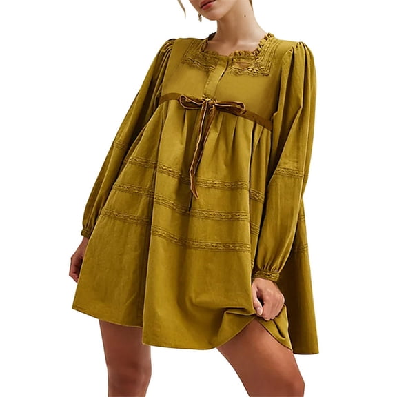 Mifsaly Red Mini Dress Women Puff Sleeve Square Neck Flowy Boho Dresses Lace Patchwork Dressy Casual Gowns L