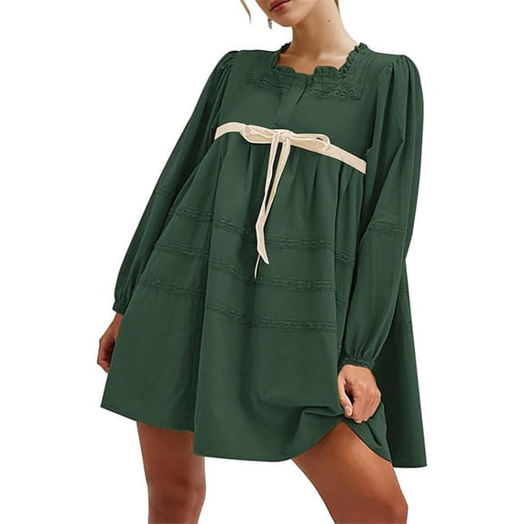 Mifsaly Red Mini Dress Women Puff Sleeve Square Neck Flowy Boho Dresses Lace Patchwork Dressy Casual Gowns M