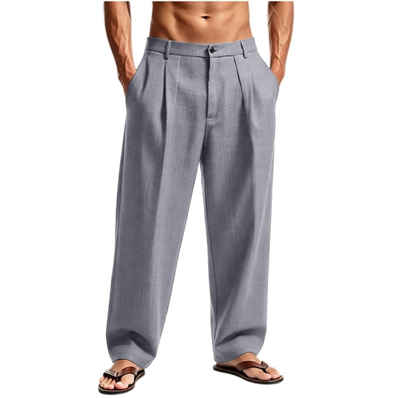 Mifsaly Relaxed Fit Linen Pants Men Tapered Leg Work Pants Pleated Front Office Business Casual Trousers with Pockets Gray,XL