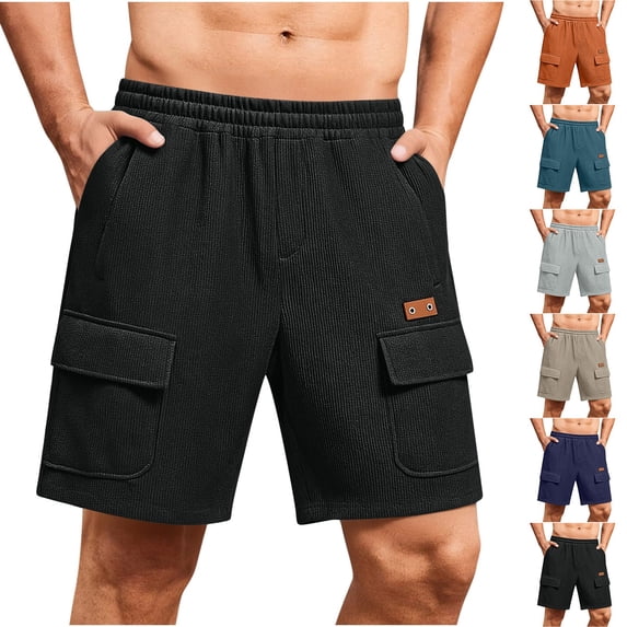 Mifsaly Ribbed Cargo Shorts for Men Elastic Waist Summer Shorts Going Out Everyday Casual Work Short Pants with Multi Pockets L