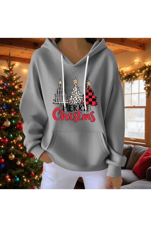 Ribbed Christmas Sweatshirts Women with Hood Xmas Trees Graphic Hoodie Long Sleeve Baggy Pullover Tops Novelty Funny Gifts Festival Party Shirts 2025 Holiday Clothing