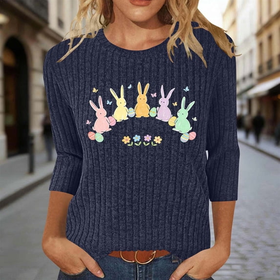 Mifsaly Ribbed Knit Easter Shirts for Women Cute Bunny and Egg Print Tshirts Loose Tunic 3/4 Sleeve Tops Textured Relaxed Festival Basic Tee L
