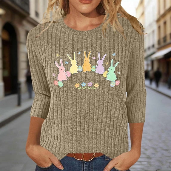Mifsaly Ribbed Knit Easter Shirts for Women Cute Bunny and Egg Print Tshirts Loose Tunic 3/4 Sleeve Tops Textured Relaxed Festival Basic Tee L