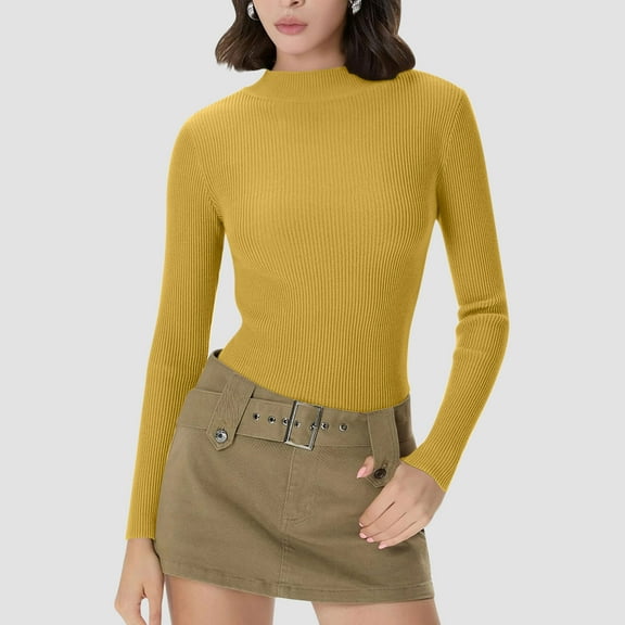 Mifsaly Ribbed Layering Tops for Women Mock Neck Long Sleeve Knit Blouse Slim Fit Thermal Undershirts Travel Airport Soft Stretchy Shirt Spring Fall Fashion Streetwear Yellow