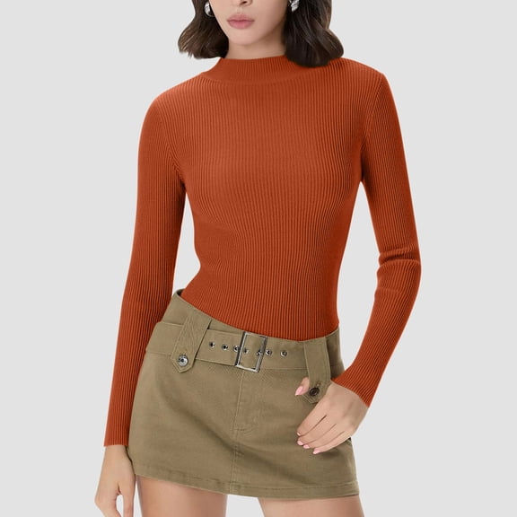 Mifsaly Ribbed Layering Tops for Women Mock Neck Long Sleeve Knit Blouse Slim Fit Thermal Undershirts Travel Airport Soft Stretchy Shirt Spring Fall Fashion Streetwear Orange