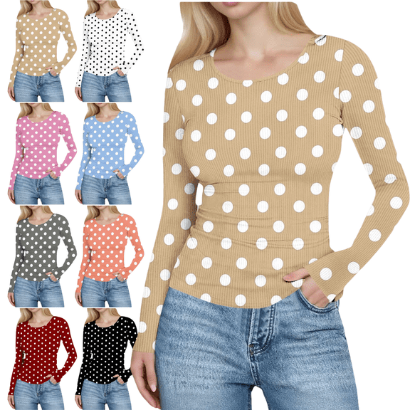 Mifsaly Ribbed Long Sleeve Tops for Women Polka-Dot Slim Fit Crew Neck T-Shirt Fall Winter Thermal Undershirts Casual Stretchy Basic Blouse Khaki