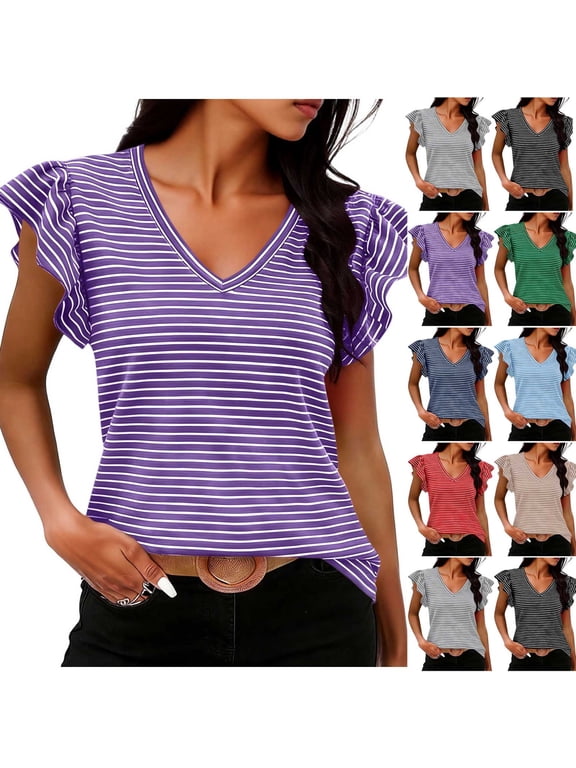 Ruffle Sleeve Tops for Women V Neck Striped Summer Top Flutter Short Sleeves Casual Loose Cotton Tee for Work Vacation S