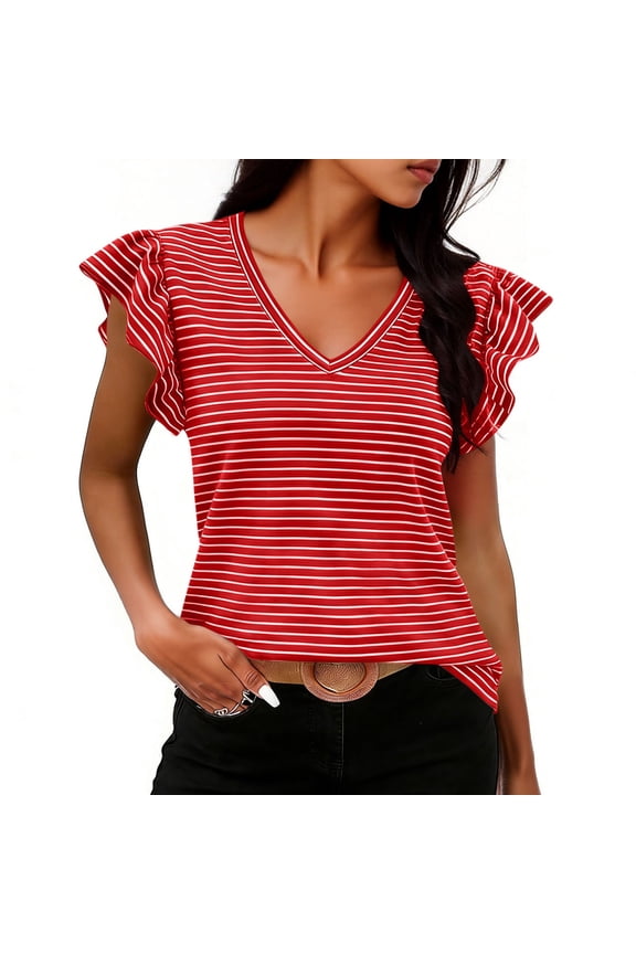 Ruffle Sleeve Tops for Women V Neck Striped Summer Top Flutter Short Sleeves Casual Loose Cotton Tee for Work Vacation XXL