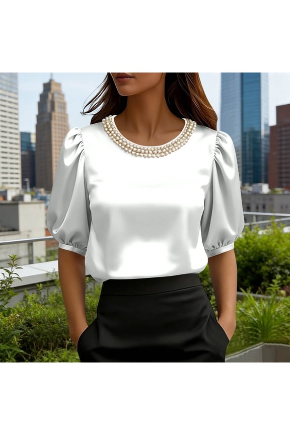 Satin Blouses for Women Pearl Beaded Crew Neck Puff Sleeve Summer Top Textured Short Sleeve Going Out Silk Shirt formal Party Office Work Elegant Evening Tops XL