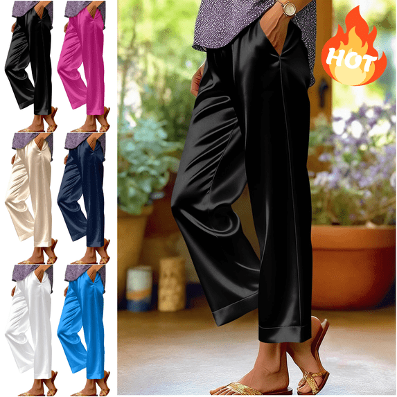 Mifsaly Satin Pants for Women High Waist Wide Leg Silk Pant Flowy Lightweight Elegant Work Lounge Trousers with Pockets Black