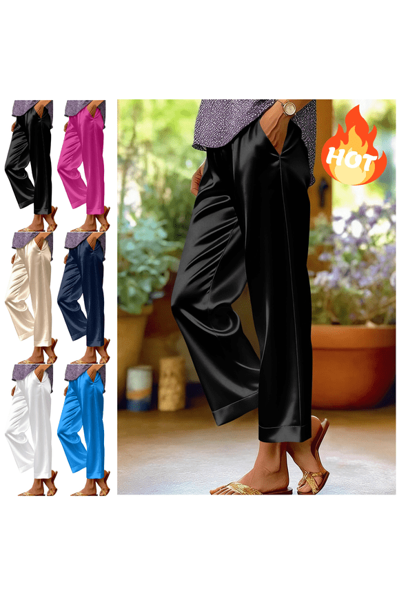 Satin Pants for Women High Waist Wide Leg Silk Pant Flowy Lightweight Elegant Work Lounge Trousers with Pockets Black